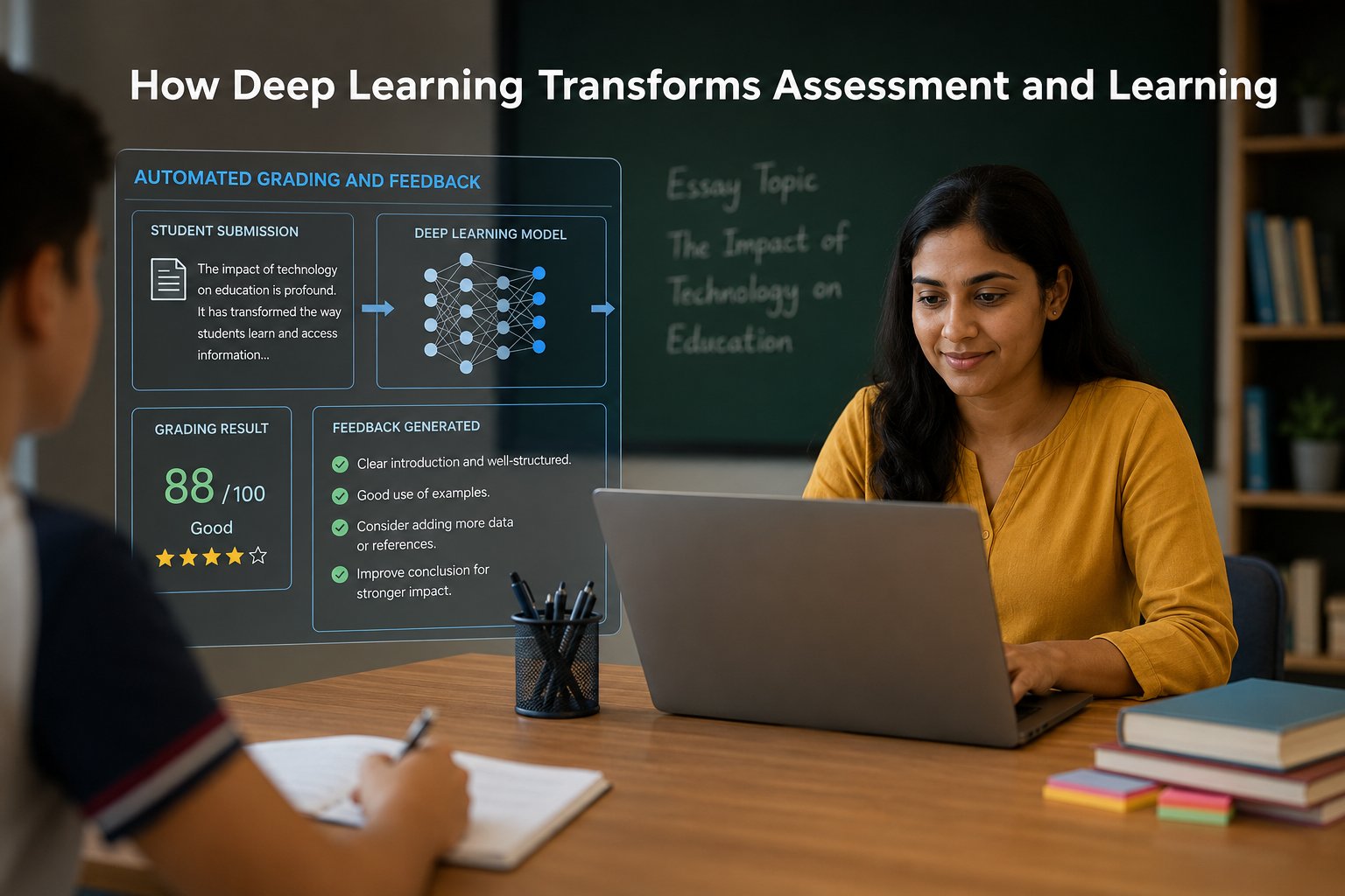 Teacher using an AI-powered deep learning system for automated grading and personalized feedback, showing student submission analysis, grading results, and generated feedback in a modern classroom environment.