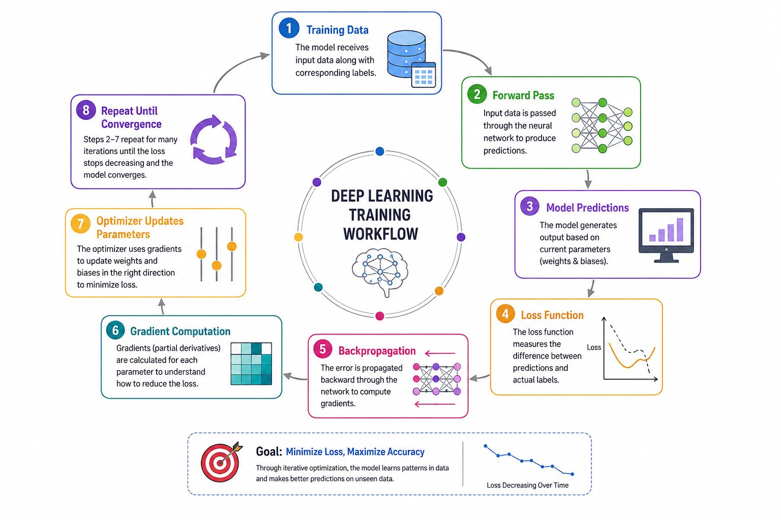 Infographic illustrating the deep learning training workflow in a circular process on a white background. The diagram shows eight stages: Training Data, Forward Pass, Model Predictions, Loss Function, Backpropagation, Gradient Computation, Optimizer Updat