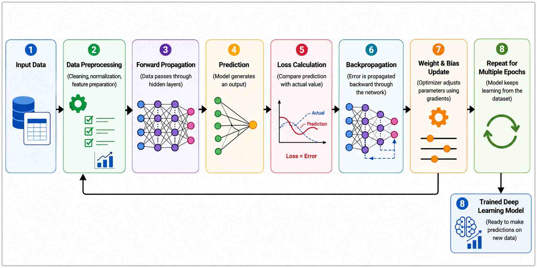 Horizontal workflow diagram showing the deep learning training process: Input Data → Data Preprocessing → Forward Propagation → Prediction → Loss Calculation → Backpropagation → Weight & Bias Update → Repeat for Multiple Epochs → Trained Deep Learning Mod