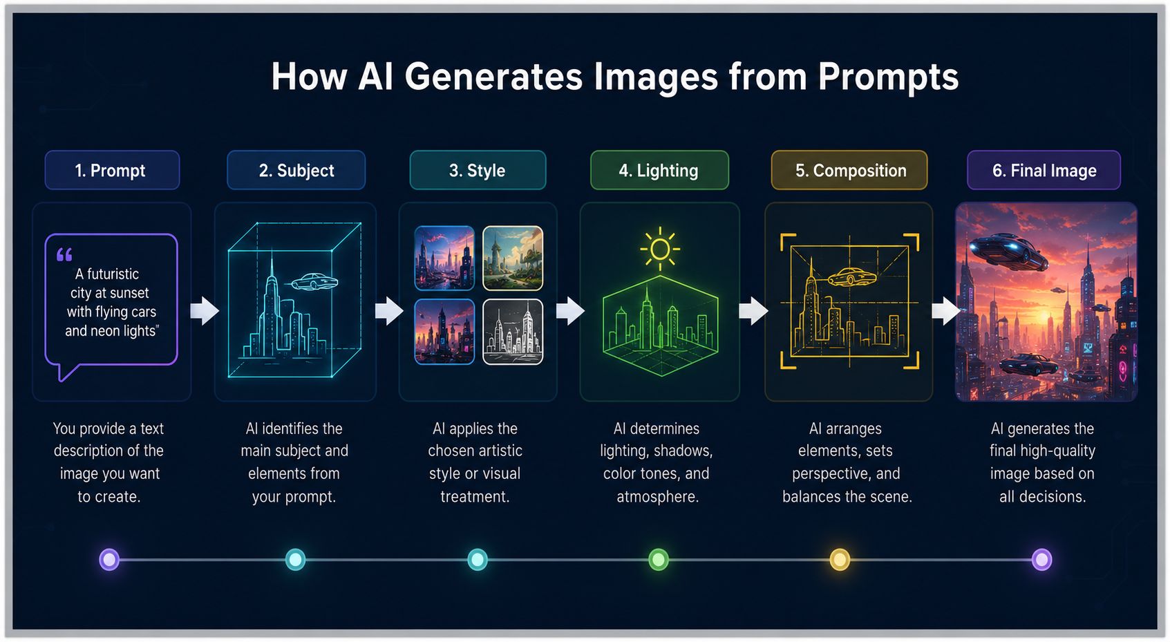 Infographic illustrating how AI generates images from prompts through six sequential stages: Prompt, Subject, Style, Lighting, Composition, and Final Image, connected with arrows on a dark blue background with a grey border.