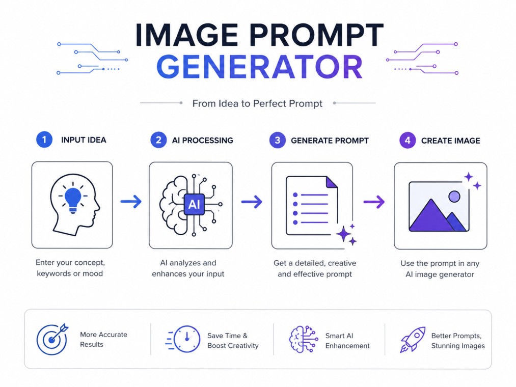 A clean infographic illustrating how an image prompt generator transforms a simple idea into a detailed AI-ready prompt for creating high-quality visuals.
