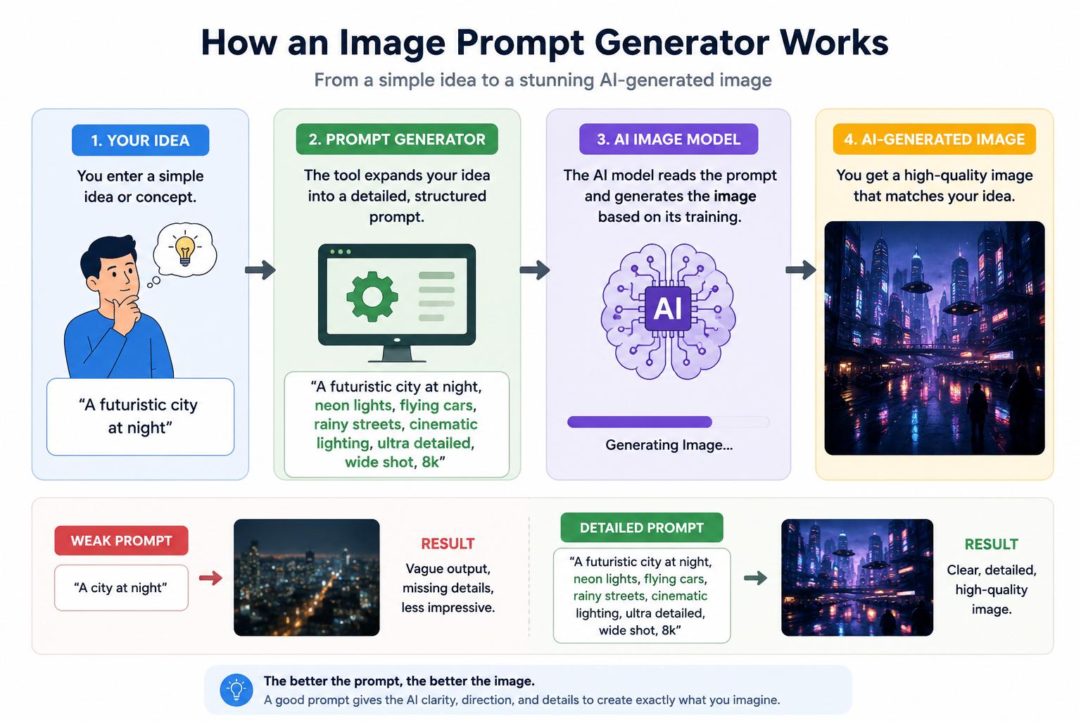 Illustration showing how an image prompt generator works, from entering a simple idea to creating a detailed AI-generated image using structured prompts, styles, lighting, and visual instructions.