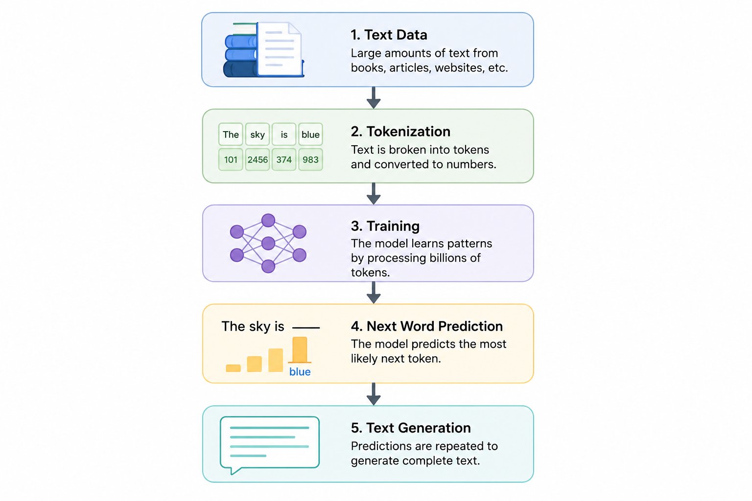 Infographic showing how a language model works in five steps: Text Data, Tokenization, Training, Next Word Prediction, and Text Generation. The diagram uses icons, arrows, and simple visual elements to explain how AI learns from text and generates human-l