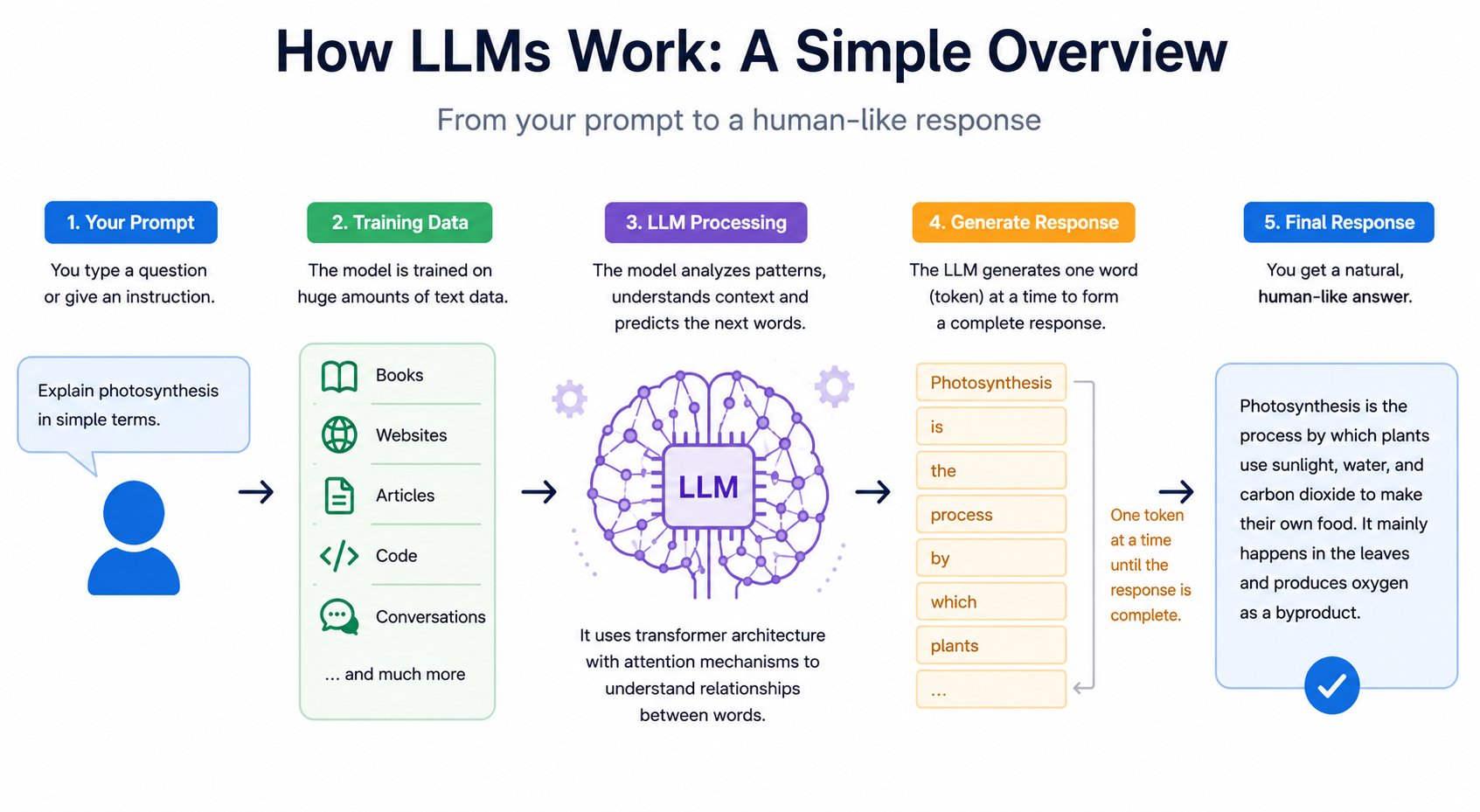 Infographic explaining how large language models (LLMs) work, showing the process from user prompt and training data to LLM processing, token generation, and final AI response in a simple step-by-step visual flow.