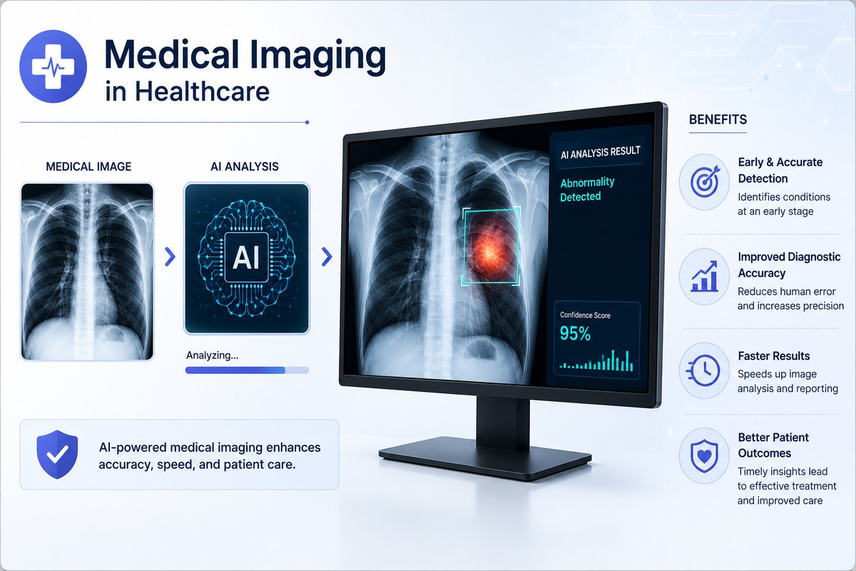 AI-powered medical imaging showing X-ray analysis with deep learning, highlighting abnormality detection and benefits such as improved diagnostic accuracy, faster results, and better patient outcomes.