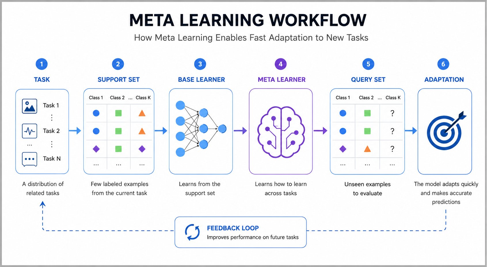 Infographic showing the Meta Learning Workflow with six connected stages: Task, Support Set, Base Learner, Meta Learner, Query Set, and Adaptation. The diagram explains how a model learns from support examples, develops a learning strategy across tasks, e