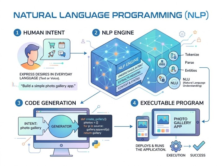 Clean educational infographic featuring four pastel-colored cards arranged in a 2×2 grid, showcasing real-world applications of Natural Language Processing (NLP). The cards highlight Search Engines, Virtual Assistants, Machine Translation, and Email Filte