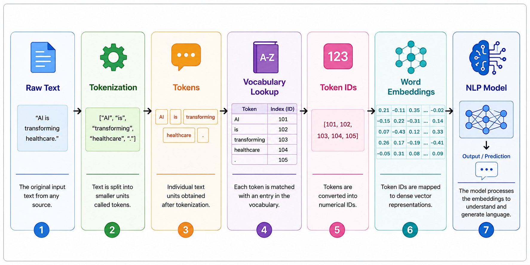 Horizontal NLP tokenization workflow diagram illustrating the complete text processing pipeline from raw text to tokenization, tokens, vocabulary lookup, token IDs, word embeddings, and the NLP model.