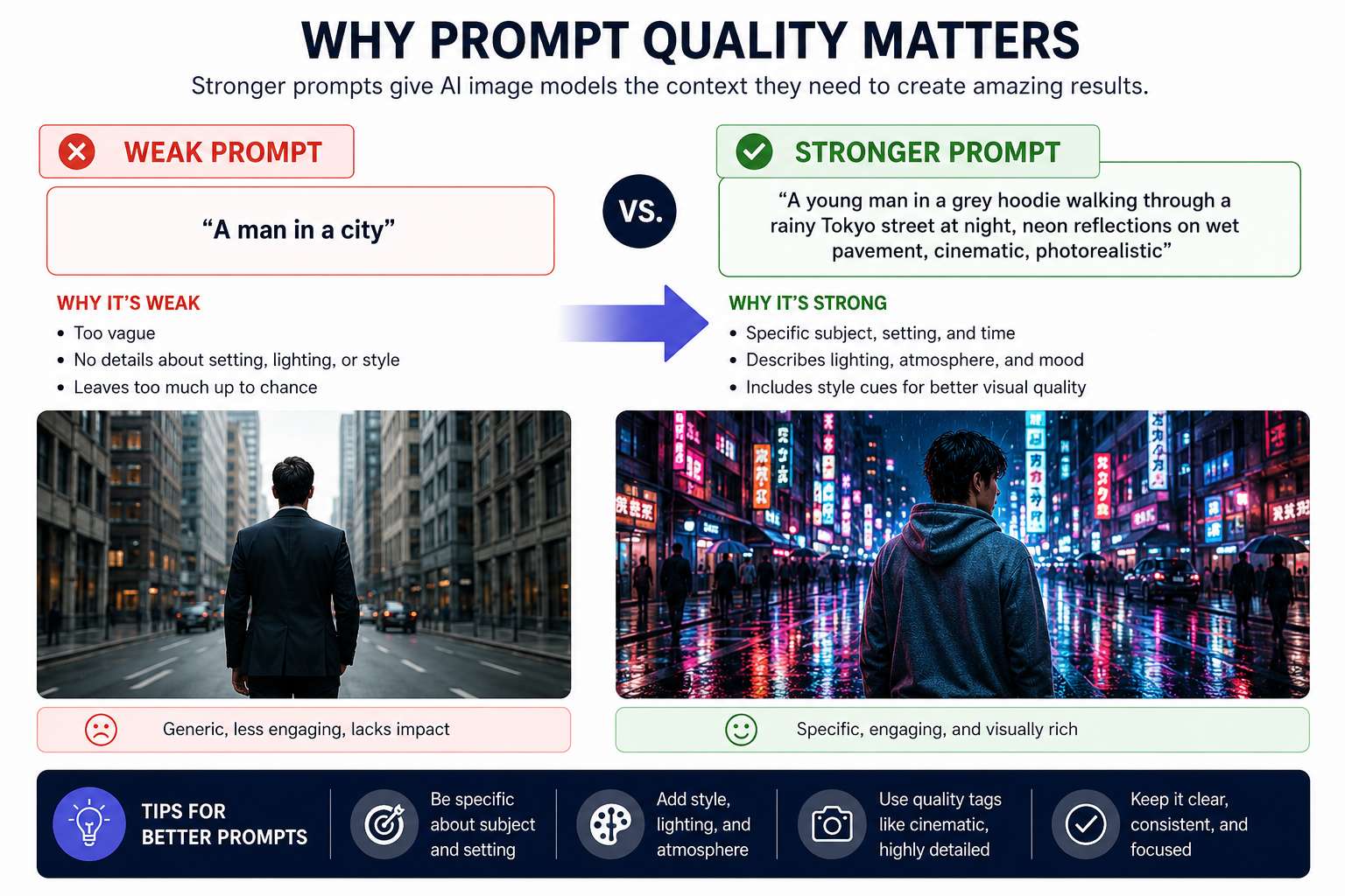 Infographic comparing weak and strong AI image prompts, showing how detailed prompts with subject, setting, lighting, and style create more engaging and higher-quality AI-generated images.