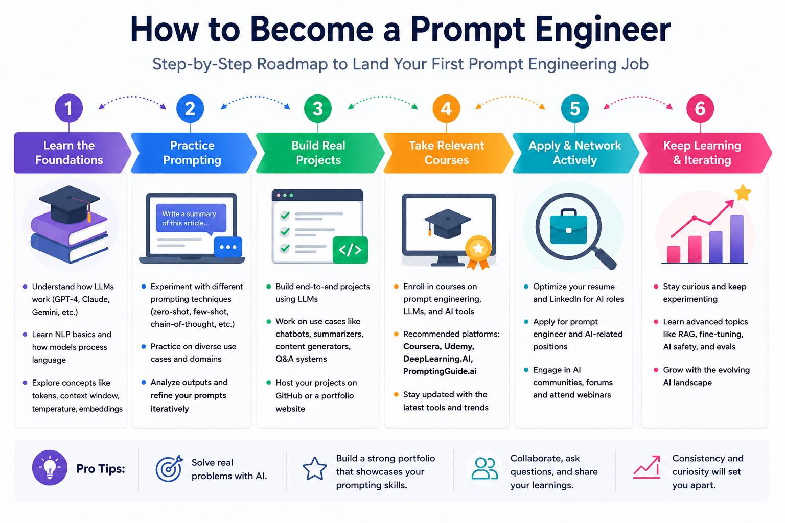 Prompt engineer career roadmap infographic with six steps from learning AI fundamentals to landing a prompt engineering job.