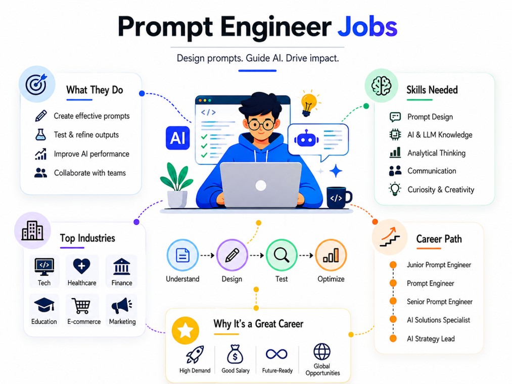 A minimalistic infographic on prompt engineering jobs, what prompt engineers do, skills needed and career path