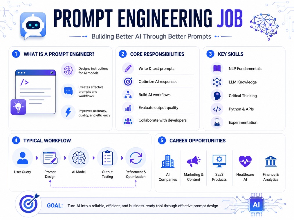 Four-step infographic showing the core learning path in a prompt engineering job: Prompt Basics, Prompting Techniques, Advanced Prompt Design, and Hands-on Projects.