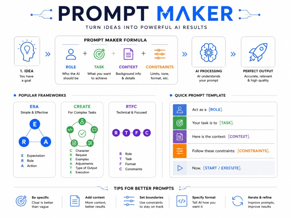 A clean, tech-style infographic illustrating the Prompt Maker framework, showing how role, task, context, and constraints combine to create precise AI prompts and high-quality outputs.