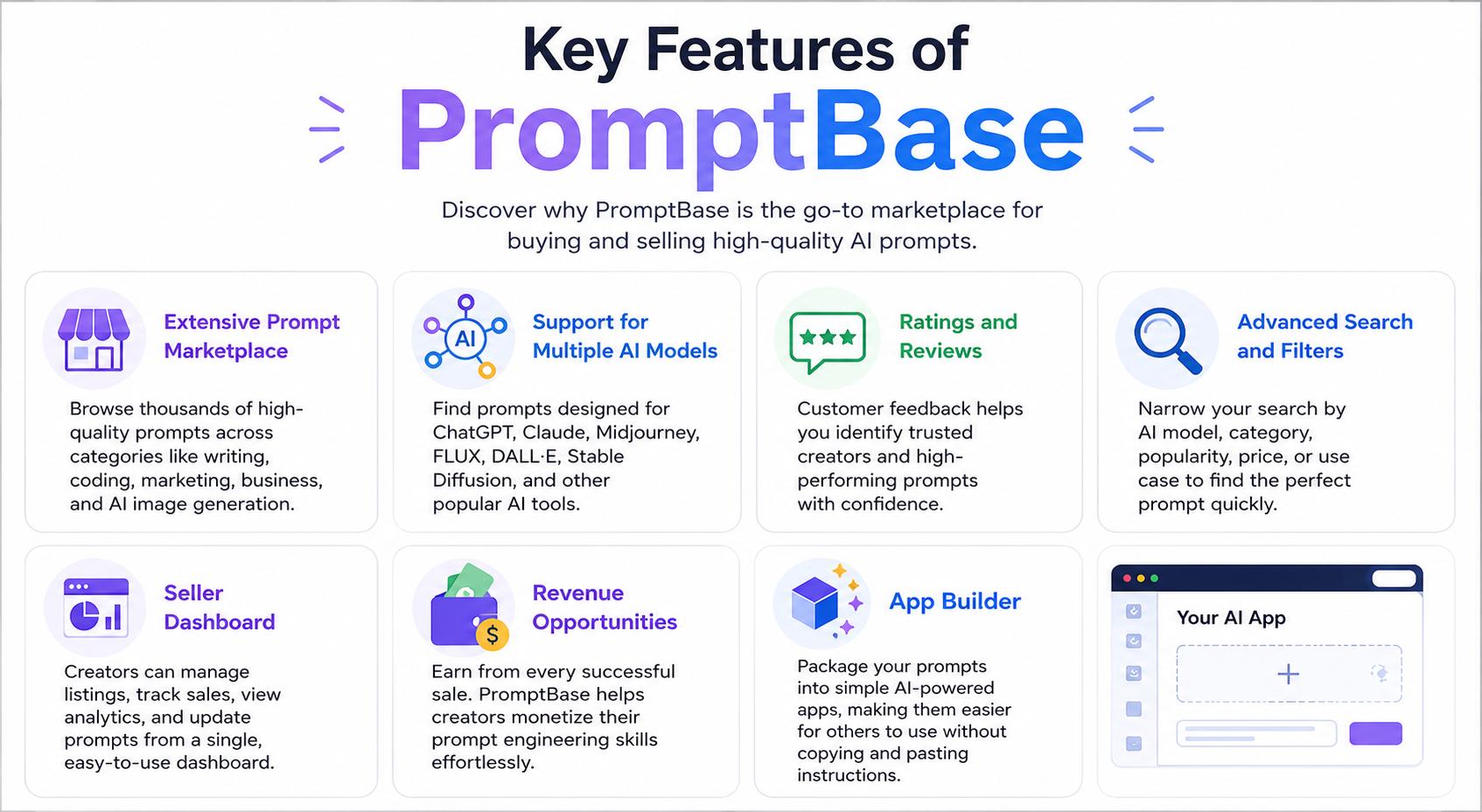 Infographic showing the key features of PromptBase, including an extensive prompt marketplace, support for multiple AI models, ratings and reviews, advanced search and filters, seller dashboard, revenue opportunities, and an AI app builder.