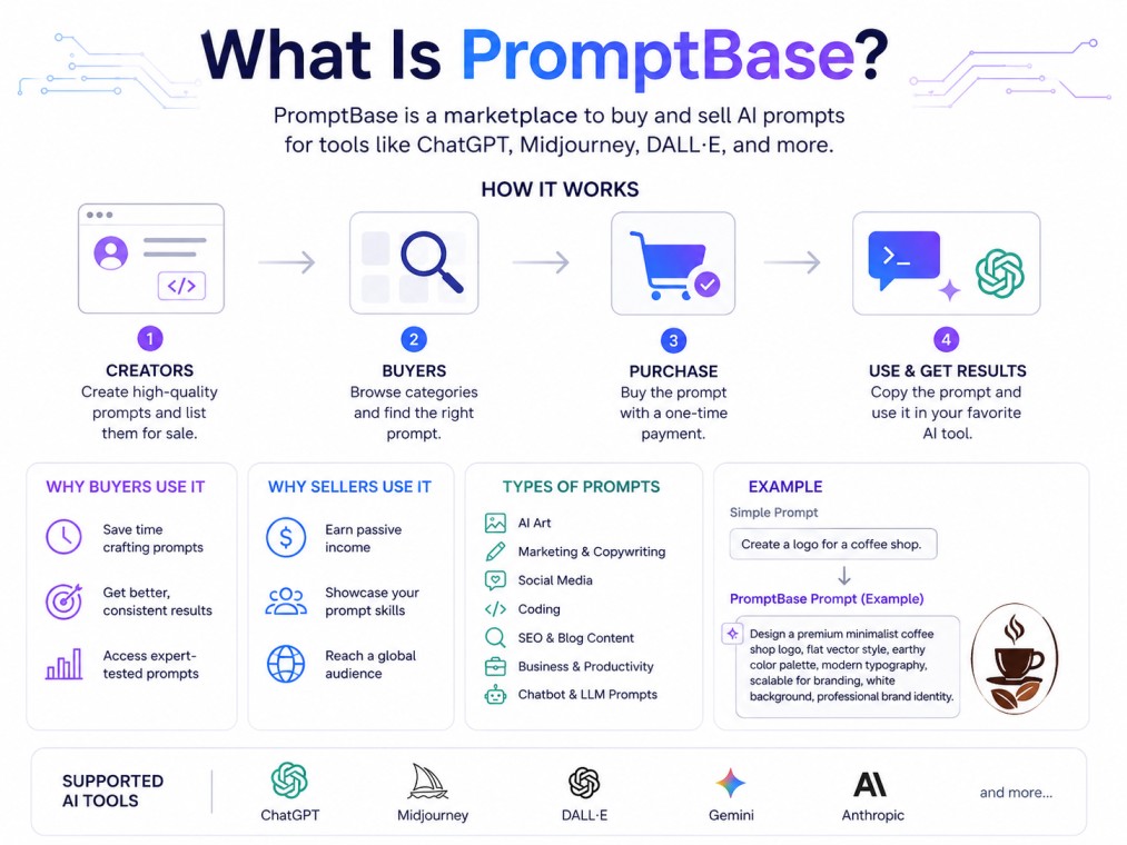 Infographic explaining Prompt Engineering with a clean white background and modern tech-style design. The visual shows how prompts interact with AI models through a step-by-step workflow: prompt input, AI processing, and generated output.