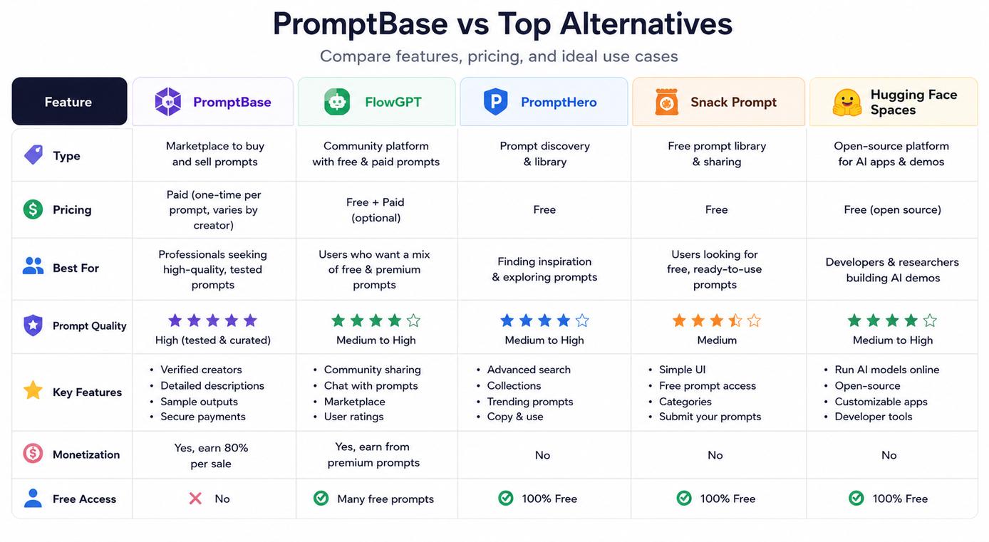Comparison infographic showing PromptBase, FlowGPT, PromptHero, Snack Prompt, and Hugging Face Spaces across key factors including platform type, pricing, best use case, prompt quality, monetization, and free access.