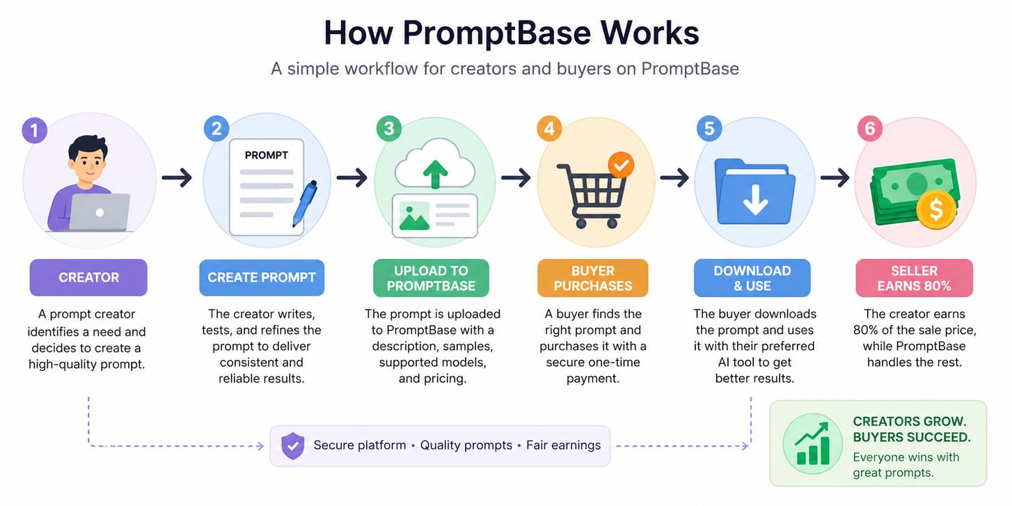 PromptBase workflow diagram showing the complete marketplace process: creator creates a prompt, uploads it to PromptBase, buyer purchases the prompt, downloads and uses it, and the seller earns 80% of the sale.