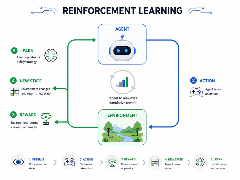 A clean, tech-inspired infographic illustrating the reinforcement learning cycle, showing how an AI agent learns through observation, action, rewards, and continuous feedback to improve decision-making.