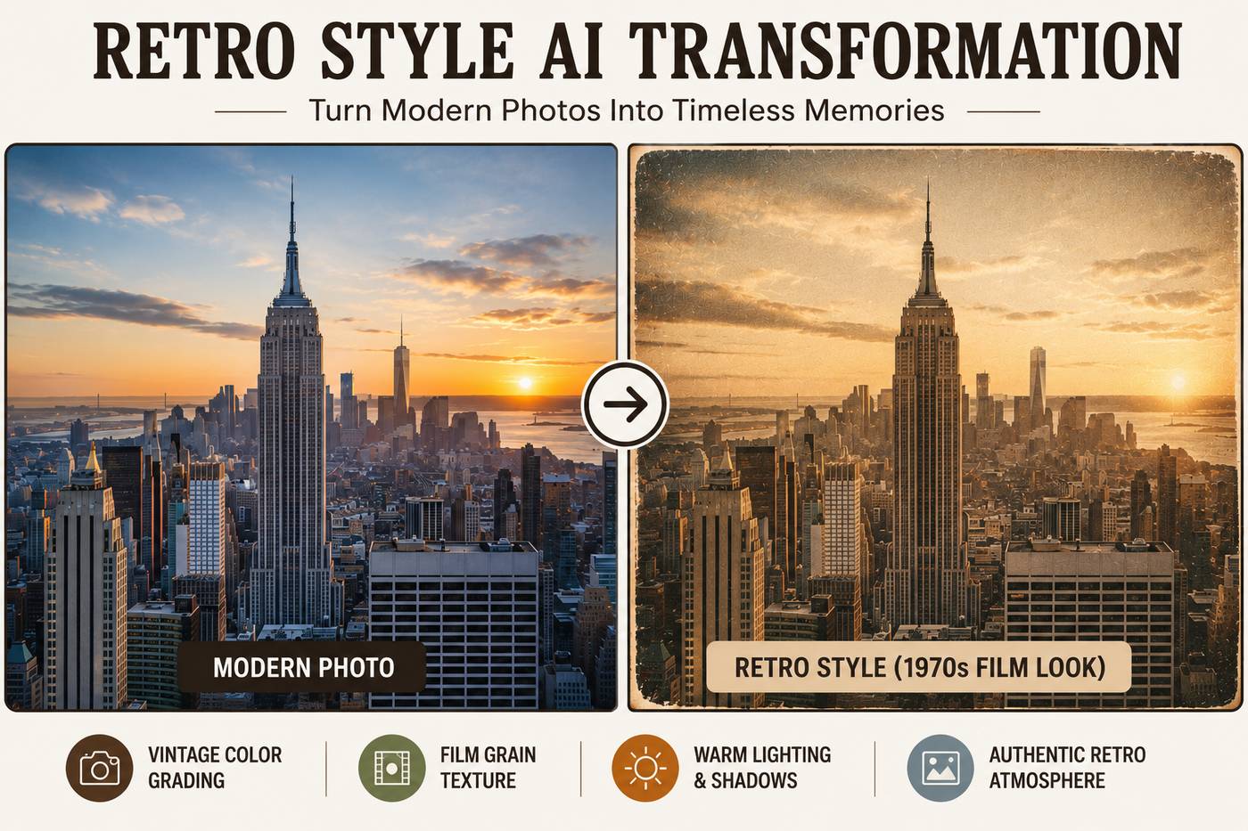 Modern city skyline transformed into a retro 1970s film-style image using AI, showing vintage color grading, film grain, warm lighting, and nostalgic photography effects in a side-by-side comparison.