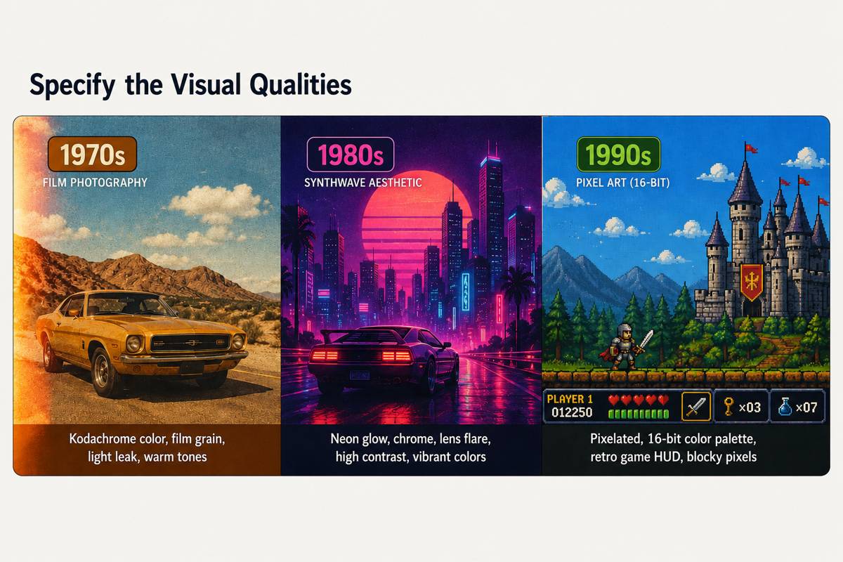 Retro visual qualities comparison showing 1970s film photography, 1980s synthwave neon aesthetic, and 1990s pixel art style with era-specific textures and color palettes.