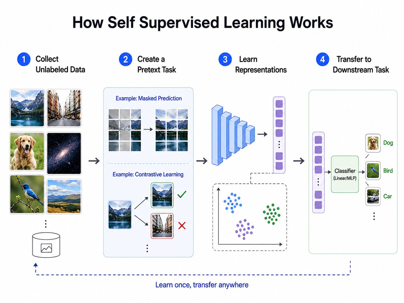 Step-by-step workflow of a convolutional neural network showing convolution, pooling, feature extraction, and output prediction