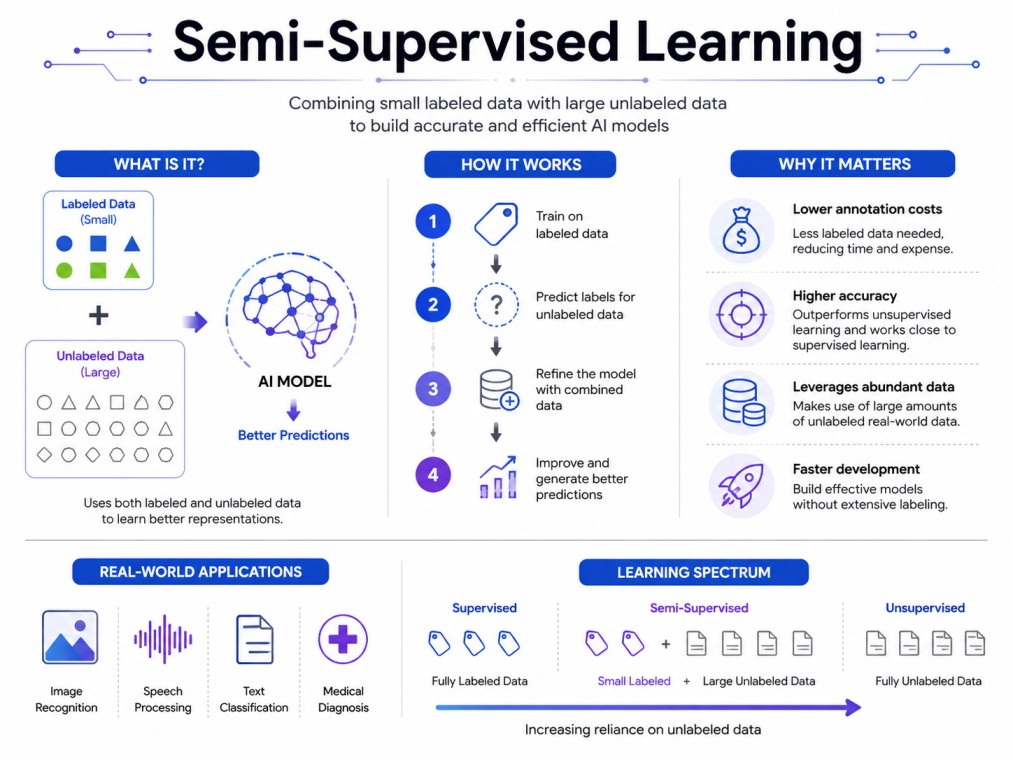 Clean, modern infographic illustrating Semi-Supervised Learning, showing how AI combines small labeled datasets with large unlabeled datasets to improve accuracy, reduce labeling costs, and enable efficient model training.