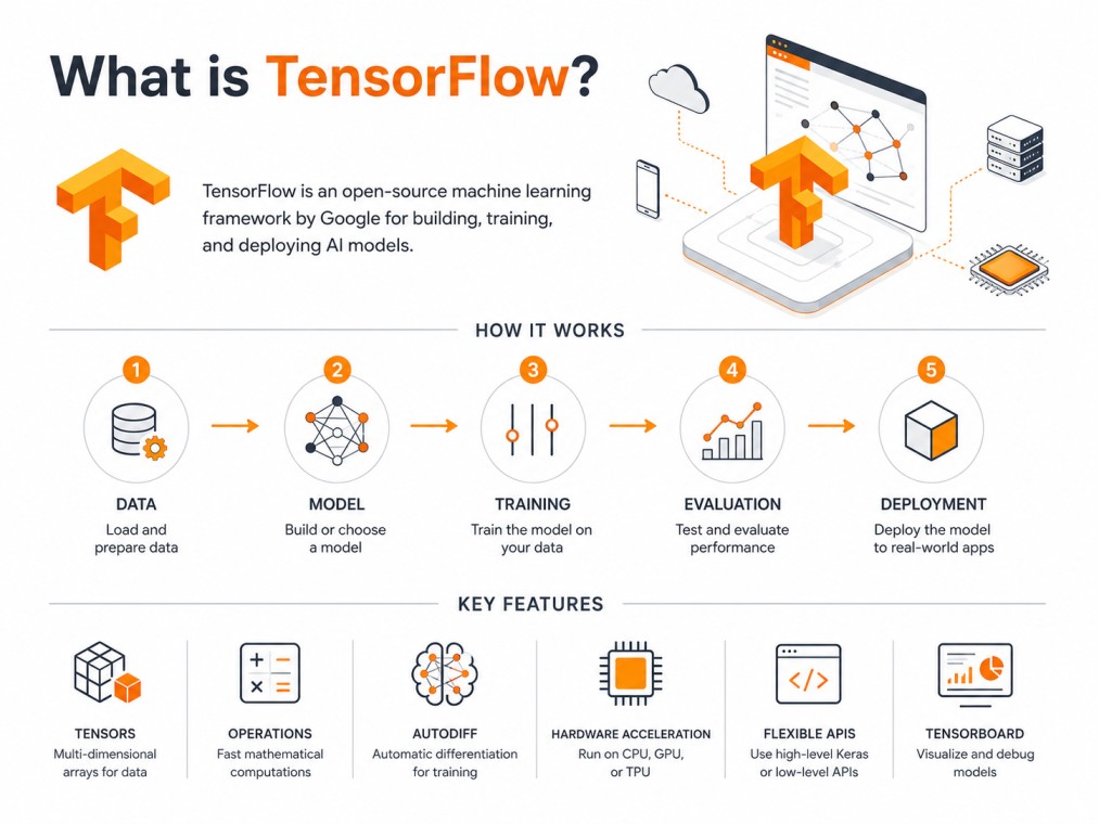 A minimalist TensorFlow infographic illustrating how data flows through machine learning models to train, optimize, and deploy AI applications across real-world systems.