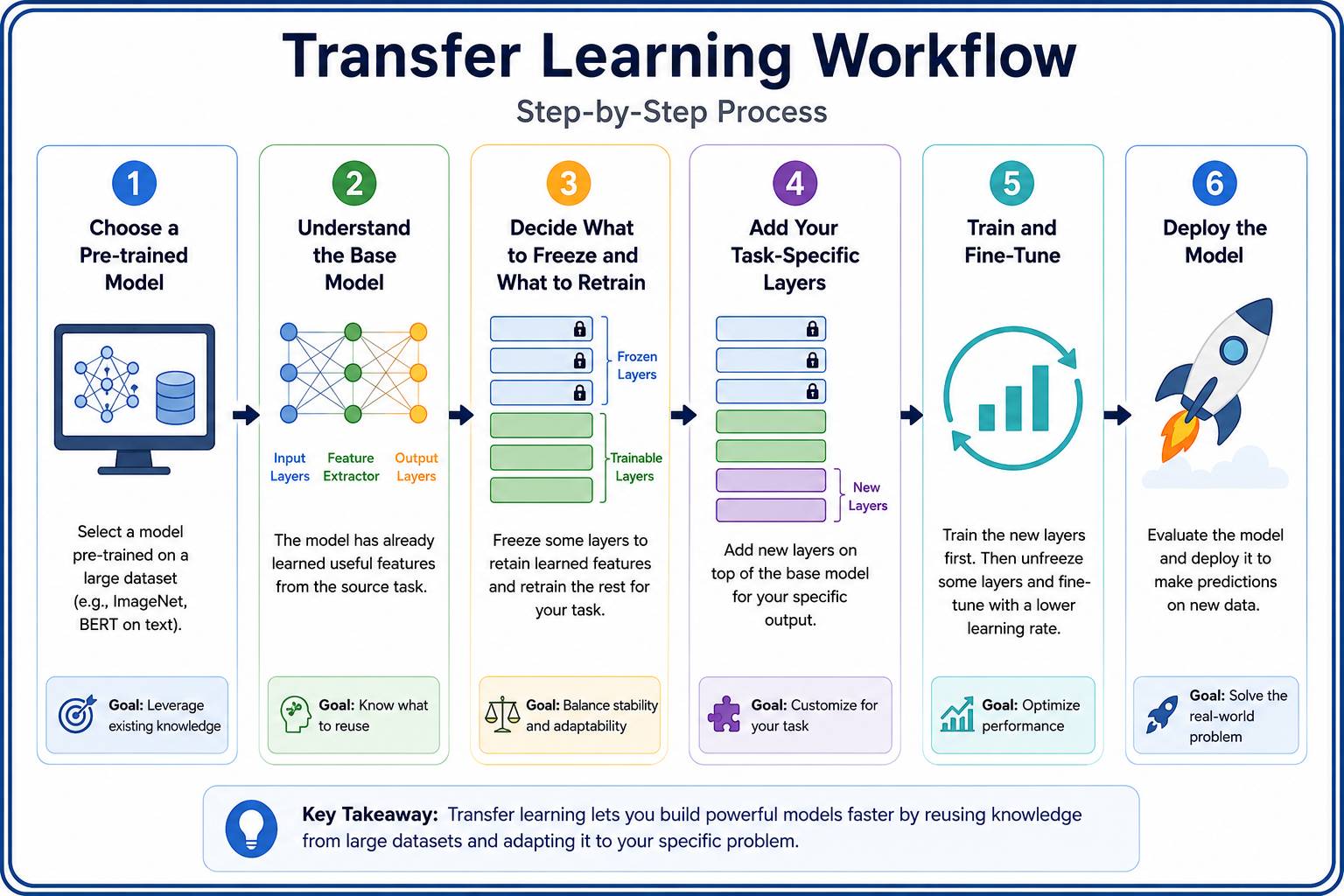 Transfer Learning workflow diagram showing pre-trained model selection, layer freezing, fine-tuning, and deployment steps in machine learning.