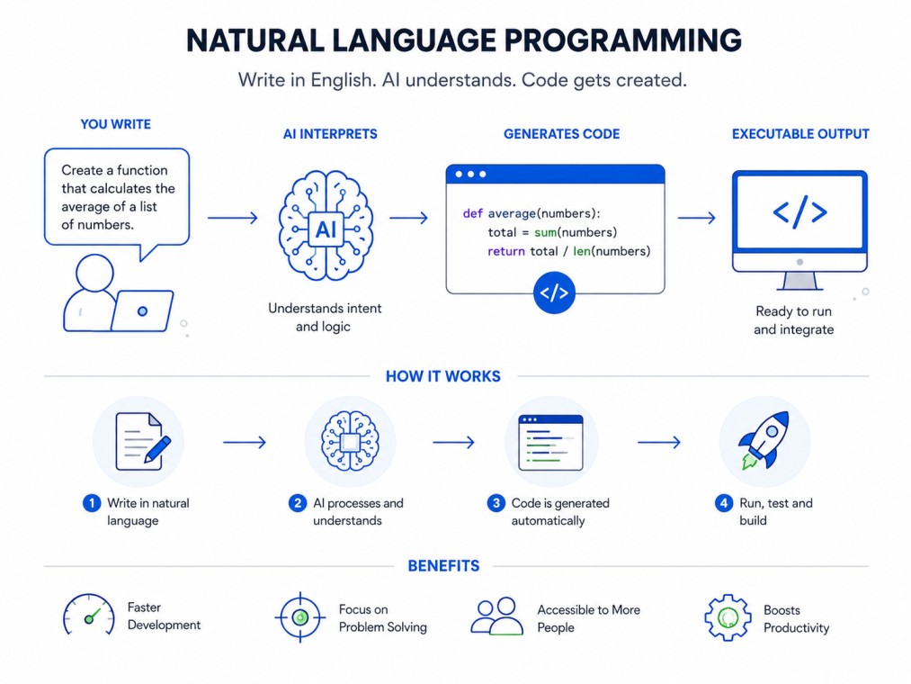 A clean infographic illustrating how natural language programming uses AI to transform plain English instructions into executable code through a simple, step-by-step workflow.