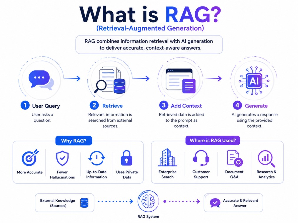 A clean, tech-inspired infographic explaining Retrieval-Augmented Generation (RAG), featuring a four-step workflow, key benefits, and real-world applications on a white background with modern blue-purple visuals.