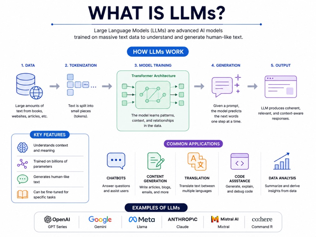 A clean, modern infographic explaining Large Language Models (LLMs), their architecture, workflow, key capabilities, and real-world AI applications on a white background.