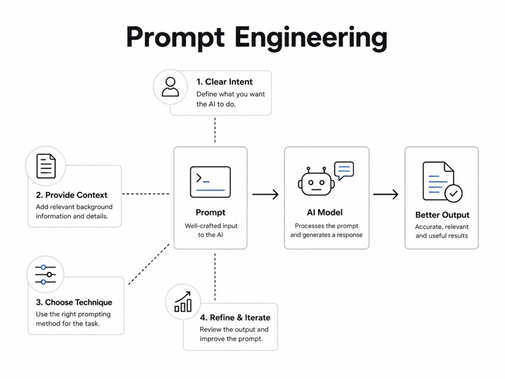 Infographic explaining the anatomy of a good AI prompt with four key elements: role, task, context, and format, along with a structured prompt example.