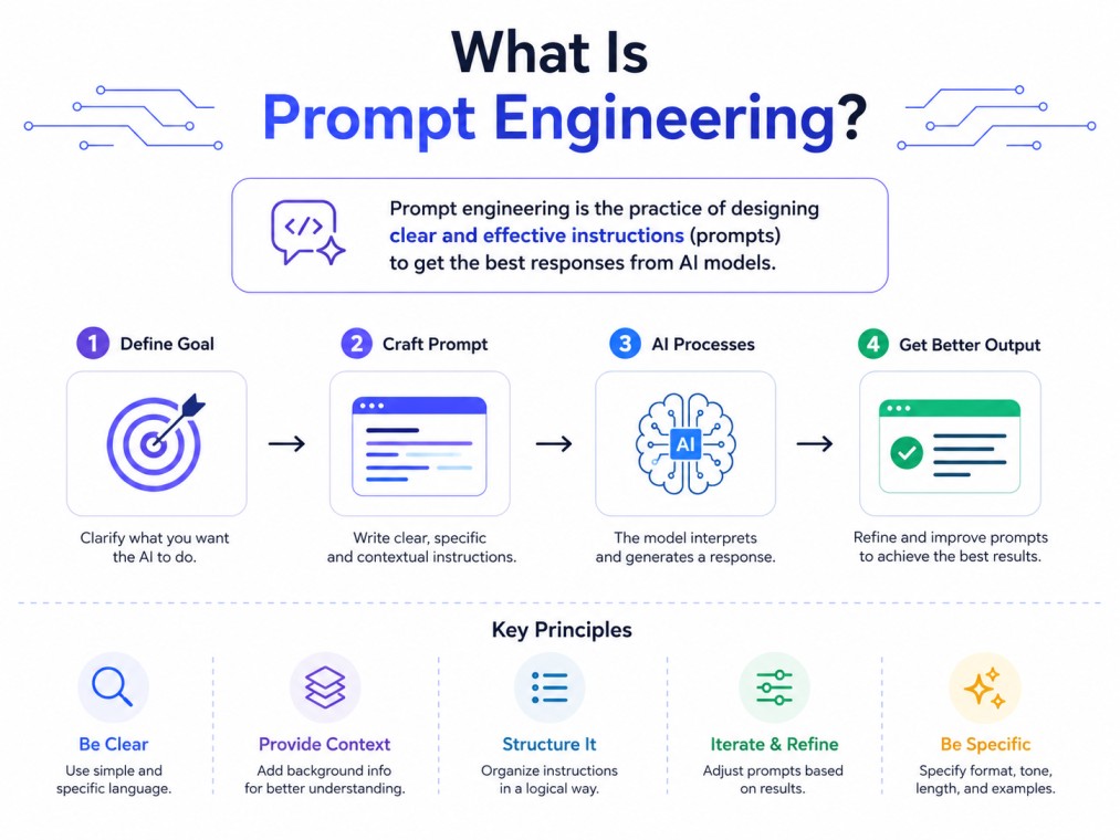 Clean 4:3 technology infographic titled “What Is Prompt Engineering?” featuring a central AI model connected to key elements such as Instructions, Context, Constraints, and Output, with minimal text, modern blue-purple gradients, sleek icons, flow arrows,